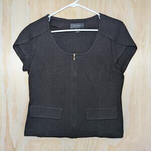 St. John Size 8 Dark Brown Knit Zip Front Top Short Sleeve Scoop Neck USA